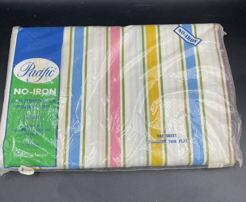 VTG Pacific Muslin Twin Flat Sheet Stripe Pink Yellow Blue
